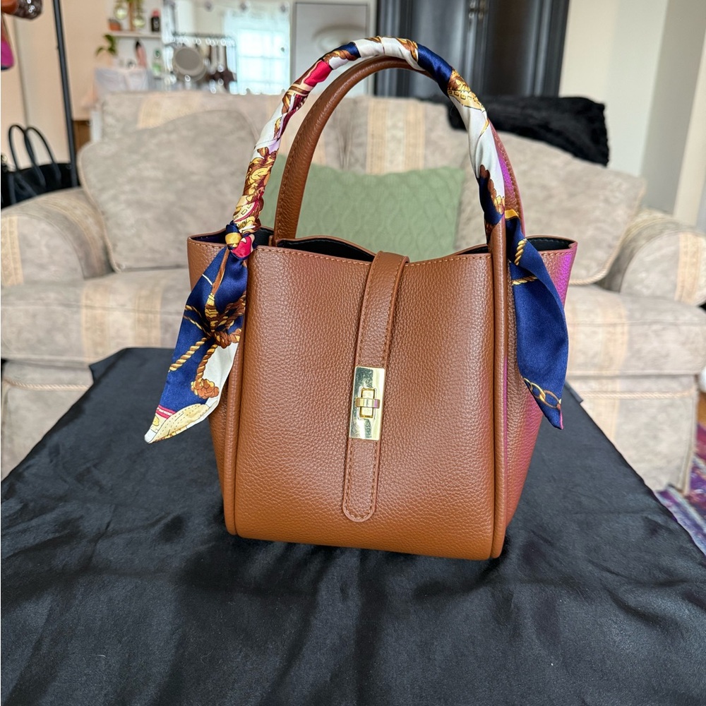 ** SOLD ** Brown Leather Handbag with Scarf Accent